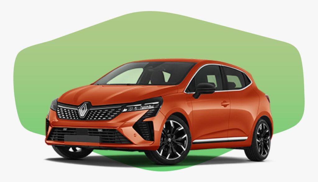 Renault Clio E-Tech hybrid orange sur fond vert
